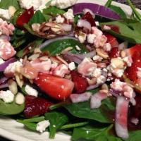 Spinach And Strawberry · Fresh spinach with strawberries, sliced almonds, red onions, feta cheese, and raspberry vina...