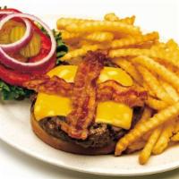 Woody'S Big Black Angus Bacon Cheddar Burger · A grilled half-pound black angus steak burger topped with a thick slice of Melted cheddar ch...