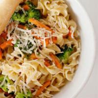 Buttery Noodles · Wavy egg noodles with a touch of butter and cream and your choice of two vegetables. Garnish...