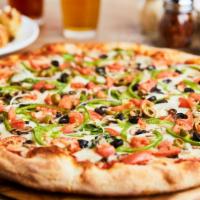 Veggie Deluxe · Onions, green peppers, mushrooms, fresh spinach, diced tomatoes, green and black olives. 300...