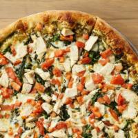 Chicken Florentine · 340-480 cal per slice. Made with pesto sauce and topped with fresh spinach, sliced tomatoes ...