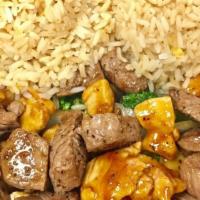 Hibachi Chicken And Steak · Served with fried rice or white rice. Green salad, clear soup, and mix vegetable.