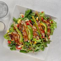 Fried / Grilled Chicken Salad · Romaine lettuce with chicken fingers, chopped eggs, bacon, cotija cheese, baked asparagus, r...