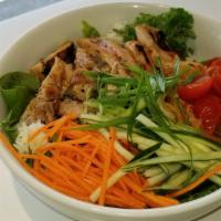 Bangkok · Gluten-free. Lemongrass Chicken, Mix greens, Chives, Carrots, Cucucmbers, Tomato Salad.