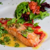 Salmon Picatta  · Salmon sauteed in a light lemon butter white wine sauce with roasted red peppers and capers.