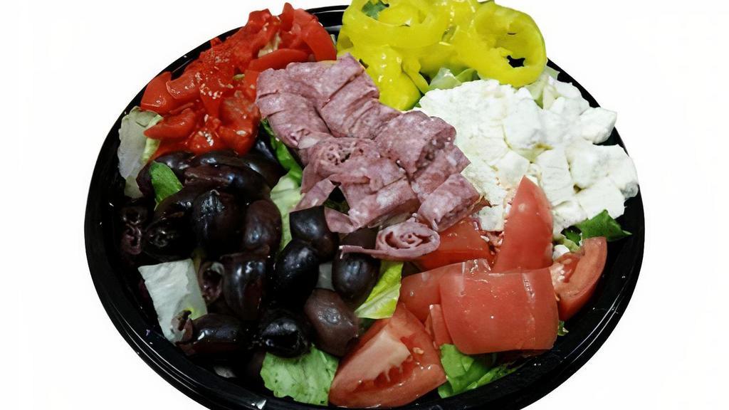 Regular Grecian Salad · Leafy Greens, Feta, Kalamata Olives, Roma Tomatoes, Roasted Red Peppers, Banana Peppers, Salami