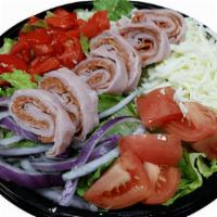 Monster Anti-Pasto Salad (Feeds 2-3) · Leafy Greens, Mozzarella, Salami, Pepperoni, Ham, Roma Tomatoes, Red Onions, Roasted Red Pep...