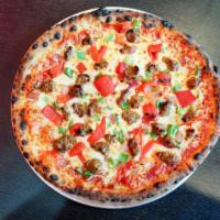 Sausage & Peppers · Signature marinara, shredded mozzarella, Italian sausage, red and green peppers and red onio...