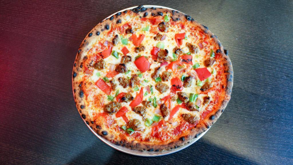 Sausage & Peppers · Signature marinara, shredded mozzarella, Italian sausage, red and green peppers and red onions.