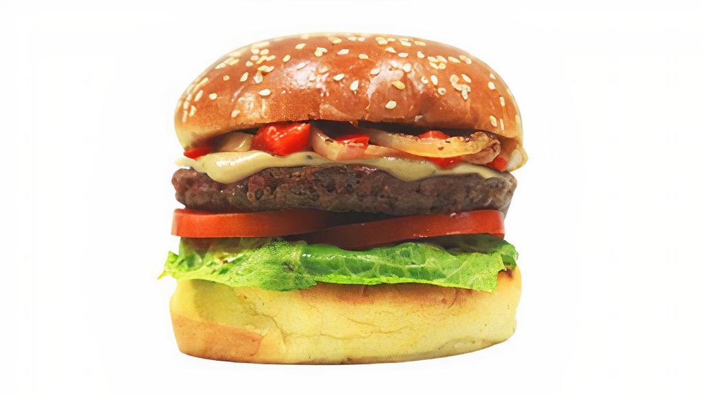 Impossible Burger · Impossible patty, grilled onions, grilled red pepper, lettuce, tomato, vegan cheese sauce, 1000 sauce.  Served on sesame buns.
For Gluten-Free, replace buns with lettuce