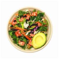 Kale Yeah Salad · Marinated kale, organic arugula, cabbage, tomatoes, avocado, black beans, carrots with 1000 ...