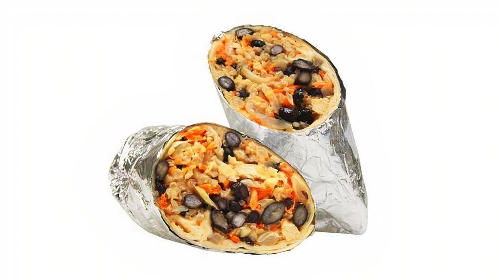 Black Bean Burrito · Grilled vegan chicken, grilled onions, black beans, carrots, cabbage, brown rice, with 1000 Island sauce. Wrapped in a flour tortilla.