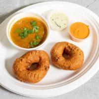 Medhu Vada (2) · Two Medhu Vadas.   Medu vada are traditional South Indian fritters made with urad dal (black...