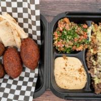 George'S Shawarma Platter · Pita bread, beef, chicken, four falafel, two kibbe, tabbouleh, hummus.