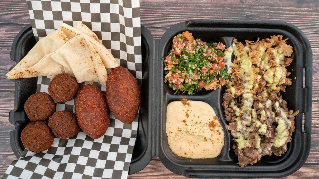 George'S Shawarma Platter · Pita bread, beef, chicken, four falafel, two kibbe, tabbouleh, hummus.