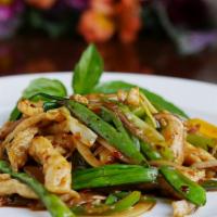Thai Basil Chicken · Shredded bell peper and onion stir-fried with sweet and spicy thai basil sauce.