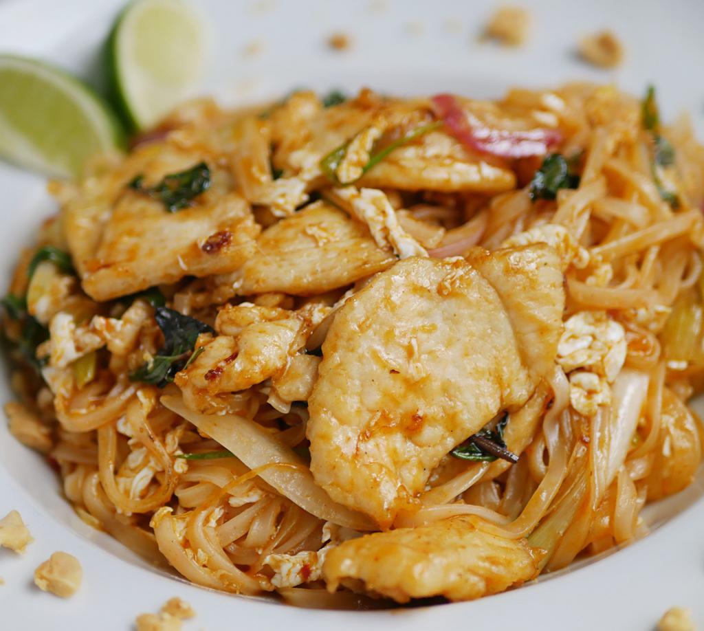 Pad Thai (Flat Rice Noodles) · Flat rice noodles, egg, onion, scallion and basil stir-fried w. A sweet and spicy thai sacue, served w. Iime and crushed peanuts. Choice of vegetable, chicken, beef, shrimp, or combo.