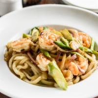Yaki Udon · Stir-fried thick udon noodles in sweet oyster sauce, with Onion, scallion, bell pepper, aspa...