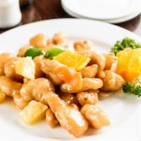 Sweet & Sour Chicken · Breaded chicken nuggets, pineapple, bell pepper and onion tossed in a sweet and sour sauce.