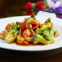 Shrimp With Broccoli · Prawns stir-fried with broccoli florets.