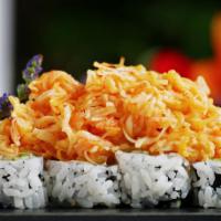 Volcano Roll · California roll topped with Baked crabmeat and scallop, served with Spicy mayo.