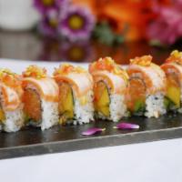 Mango Salsa Roll · Crunch spicy salmon, mango & avocado rolled with nori seaweed, topped with lightly torched s...
