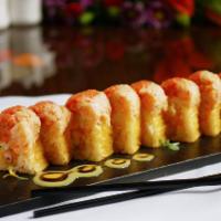 Sunrise Roll · Tempura shrimp, avocado, cucumber and spicy crab meat, topped with spicy tuna, crawfish sala...