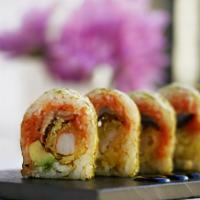 Viper Roll · Eel, avocado, tempura shrimp and spicy tuna wrapped with Marble seaweed, topped with Eel sau...