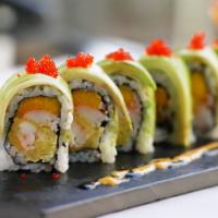 Manhattan Roll · Inside: mango, kani and tempura shrimp outside: avocado and masago sauce: eel sauce spicy ma...
