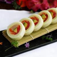 Naruto Roll (No Rice) · Yellowtail, salmon, tuna, avocado, masago and scallion wrapped with thin cucumber shell, ser...