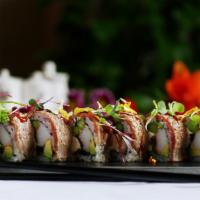 Cowboy Roll · Inside:asparagus, lettuce, cream cheese and crab meat, outside: torched steak, sauce: teriya...