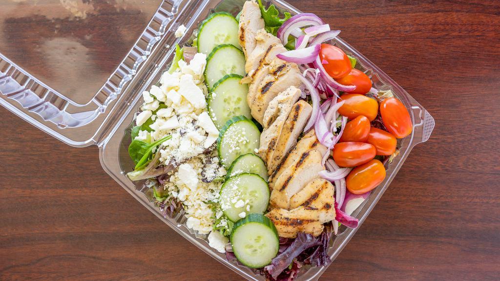 Full Salad W/ Chicken · Your choice of grilled chicken or sautéed shrimp over mixed greens, cucumbers, cherry tomatoes, red onions, feta cheese, and vinaigrette.