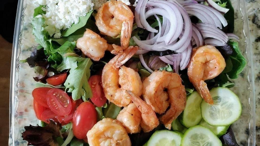 Full Salad W/ Shrimp  · Your choice of grilled chicken or sautéed shrimp over mixed greens, cucumbers, cherry tomatoes, red onions, feta cheese, and vinaigrette