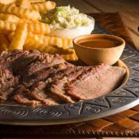 Brisket Plate. · Texas Brisket, rubbed with secret spices, then hickory-smoked for 12 hours perfectly sliced ...