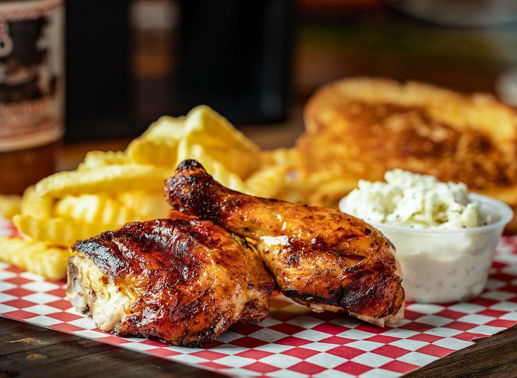 Brisket & Chicken Combo. · Served with our famous coleslaw, golden French fries and garlic bread.
