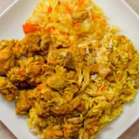 Sm Chicken Curry · Small curry chicken, choose rice & beans or yellow or white rice. Choose 2 vegetables from s...