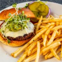 The La Burger · A 6 ounce Angus beef burger topped with Swiss cheese, guacamole and sprouts served on a roll