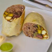 Fritanga Wrap · Grilled to order skirt steak, Gallo pinto, sweet plantains, fried cheese cubes, homemade cil...