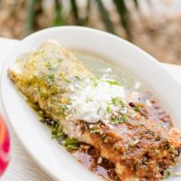 Burrito Ahogado · Roasted pork or chipotle chicken, rice, queso gringo, black beans, sour cream, salsa Mexican...