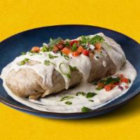 White Burrito Burracho · Burrito with your choice of meat, rice, beans, lettuce, and pico de gallo, topped with melty...