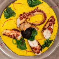 Octopus · Garlic marinated octopus with turmeric mashed potato and butter spinach.