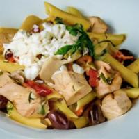 Penne With Grilled Chicken · Penne pasta with grilled chicken breast, kalamata olives, julienned sun dried tomatoes, crum...