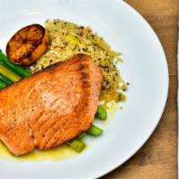 Pan Seared Salmon · Pan seared with white wine, saffron, and fresh lemon. Served with brown rice & quinoa blend ...