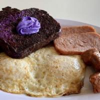 Aloha Breakfast · Ube bread french toast, 2 eggs, spam and Portuguese sausage