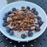 Gf Chia Pudding (Gf & V) · Coconut milk chia pudding, blueberries, housemade granola, & raspberry jam drizzle. *Contain...