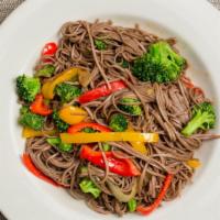 Organic Buckwheat Soba Noodles · Served with sautéed broccoli, bell pepper and red onions with garlic and ginger.