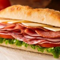 Salami Sandwich · Slices of salami, lettuce, tomatoes, pickles, and swiss cheese.