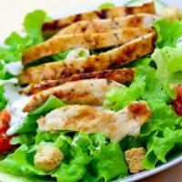Grilled Chicken Salad · Grilled white meat chicken mixed with lettuce, tomatoes, cucumbers, olives, and topped with ...