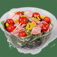 Italian Antipasto · Contains: Spring Mix, Shredded Parmesan, Hot Peppers, Grape Tomatoes, Italian Meat, No Dress...