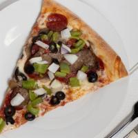 Supreme Slice · Mushrooms, sausage, pepperoni, green peppers, onions and black olives.